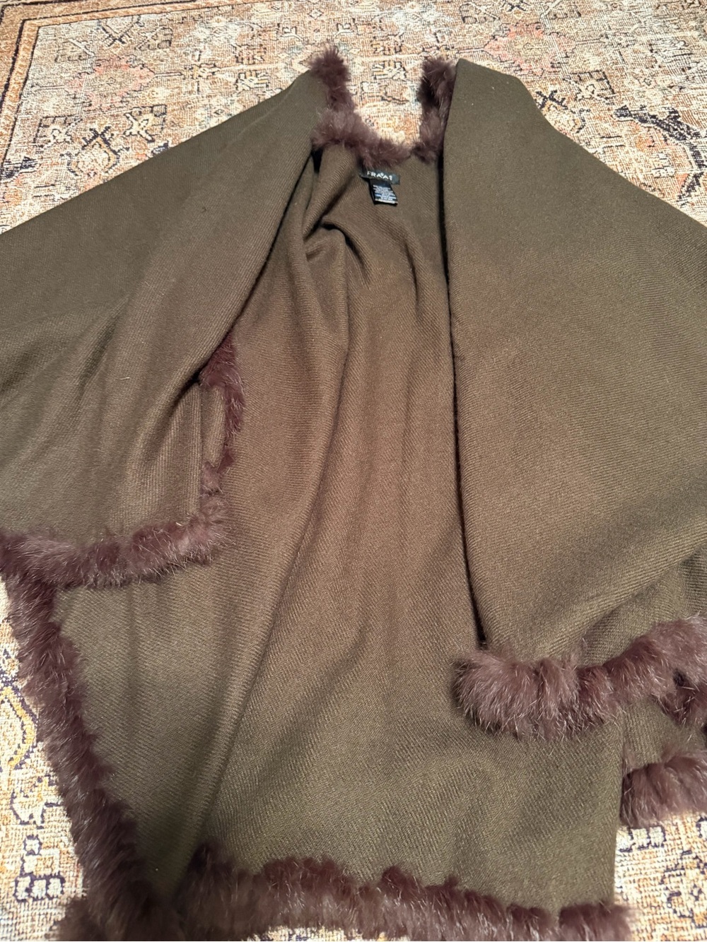 Fraas Olive Green Wrap Cape with Brown Faux-Fur Trim